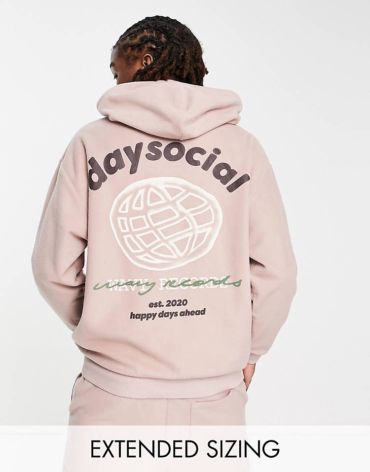 ASOS Daysocial oversized hoodie in polar fleece with large back graphic and logo embroidery in pink - part of a set